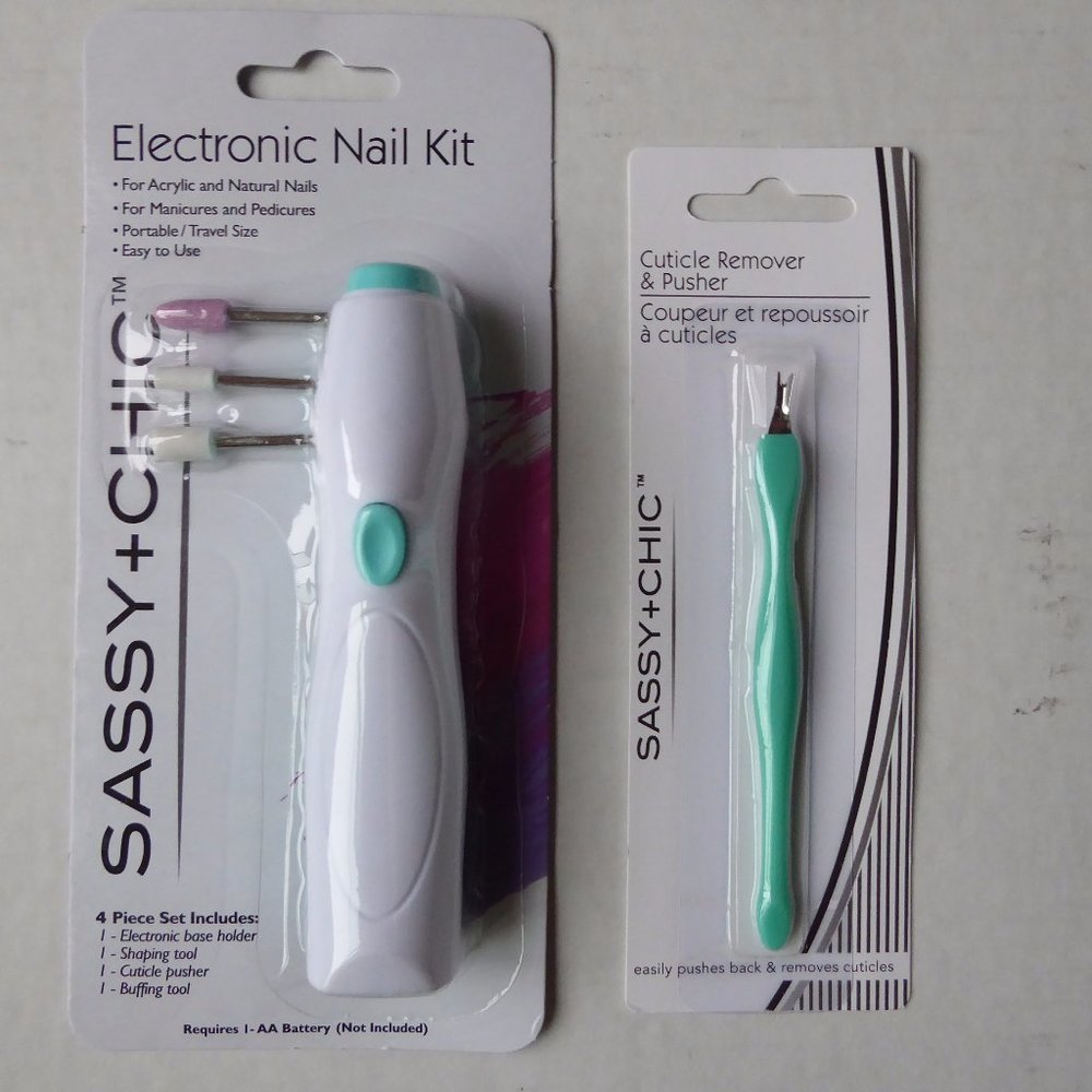 SASSY+CHIC SET OT 2 : ELECTRONIC NAIL KIT+CUTICLE REMOVER & PUSHER , NEW, SEALED